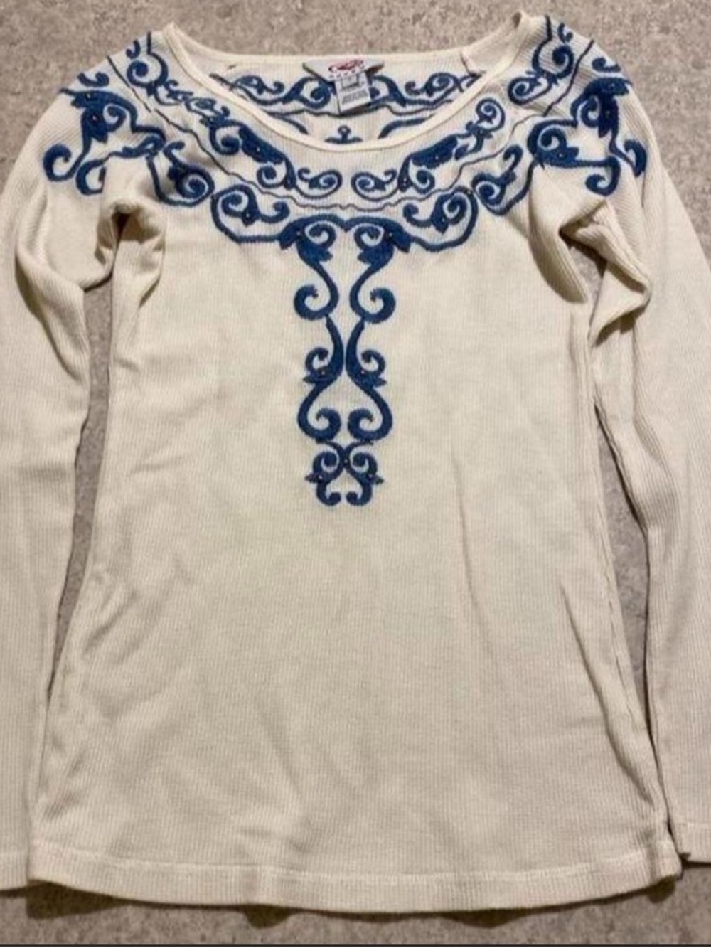 Roper Cream Long Sleeve Top with Blue Embroidered Yoke